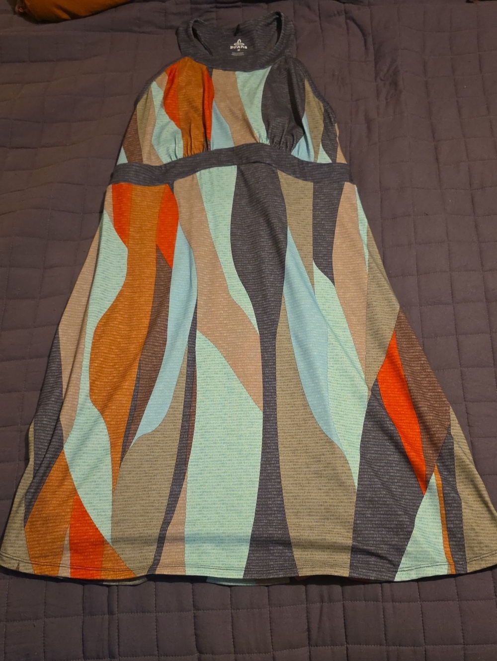 Prana Multicolor Wave-Print Midi Dress in Teal, Orange & Brown